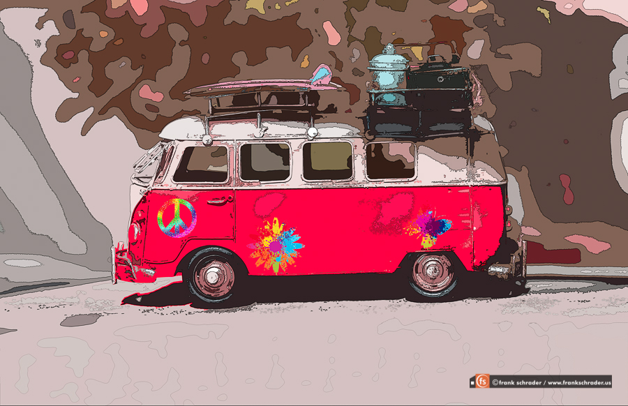 Pop Art VW Bus Red with Butterfly, Flower, and Peace