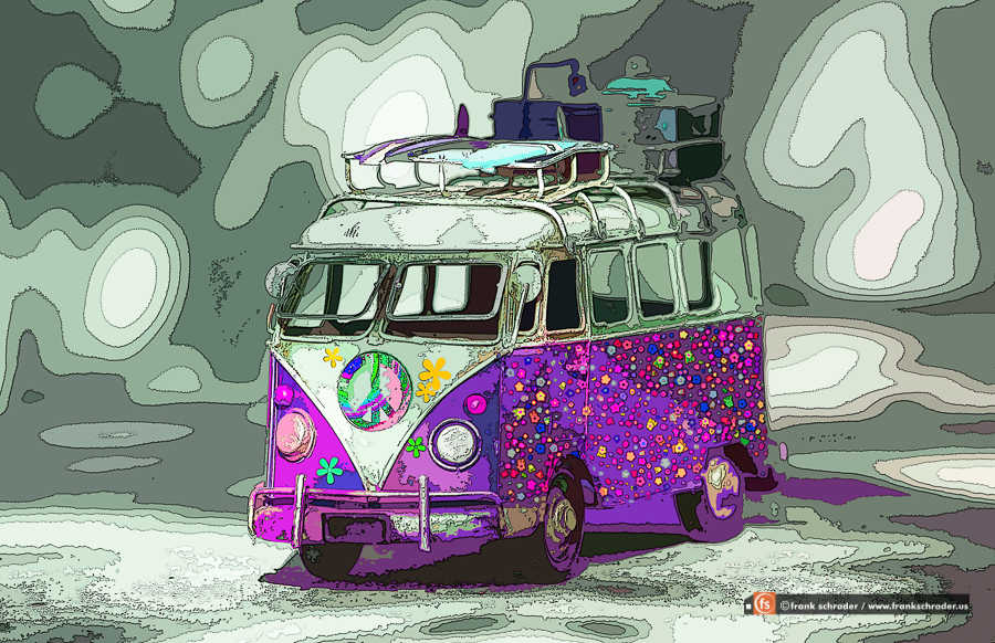 Pop Art VW Purple with Peace Symbol and Flowers