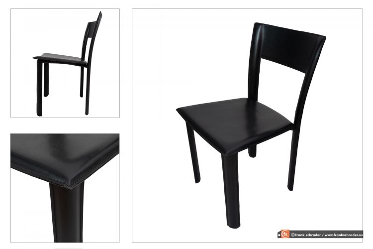 Product Photography: Black Leather Dining Chair. 3 angles composite