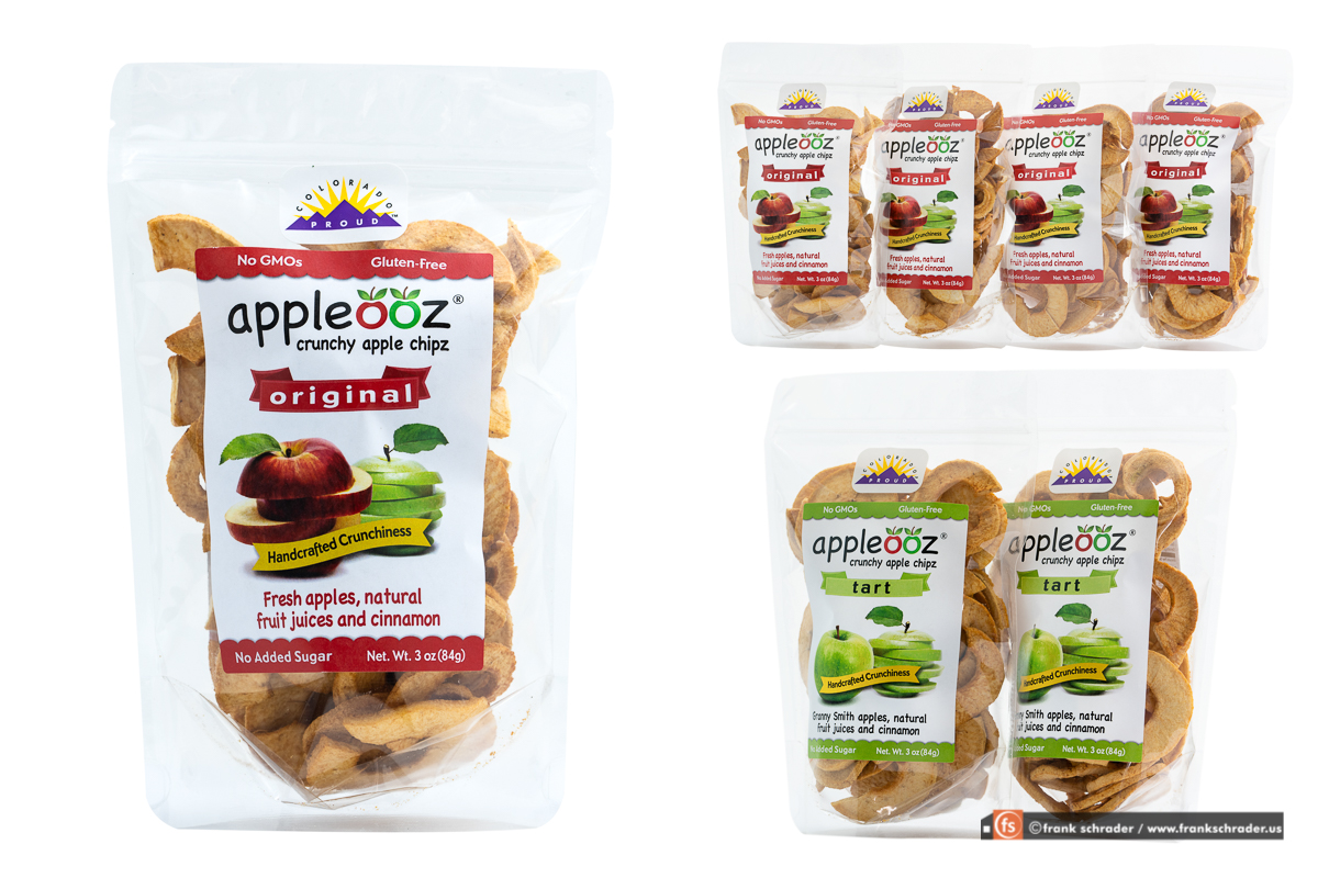 Product Photography: transparent packaging (appleooz apple chips by Remarkable Foodz, Boulder, Colorado)