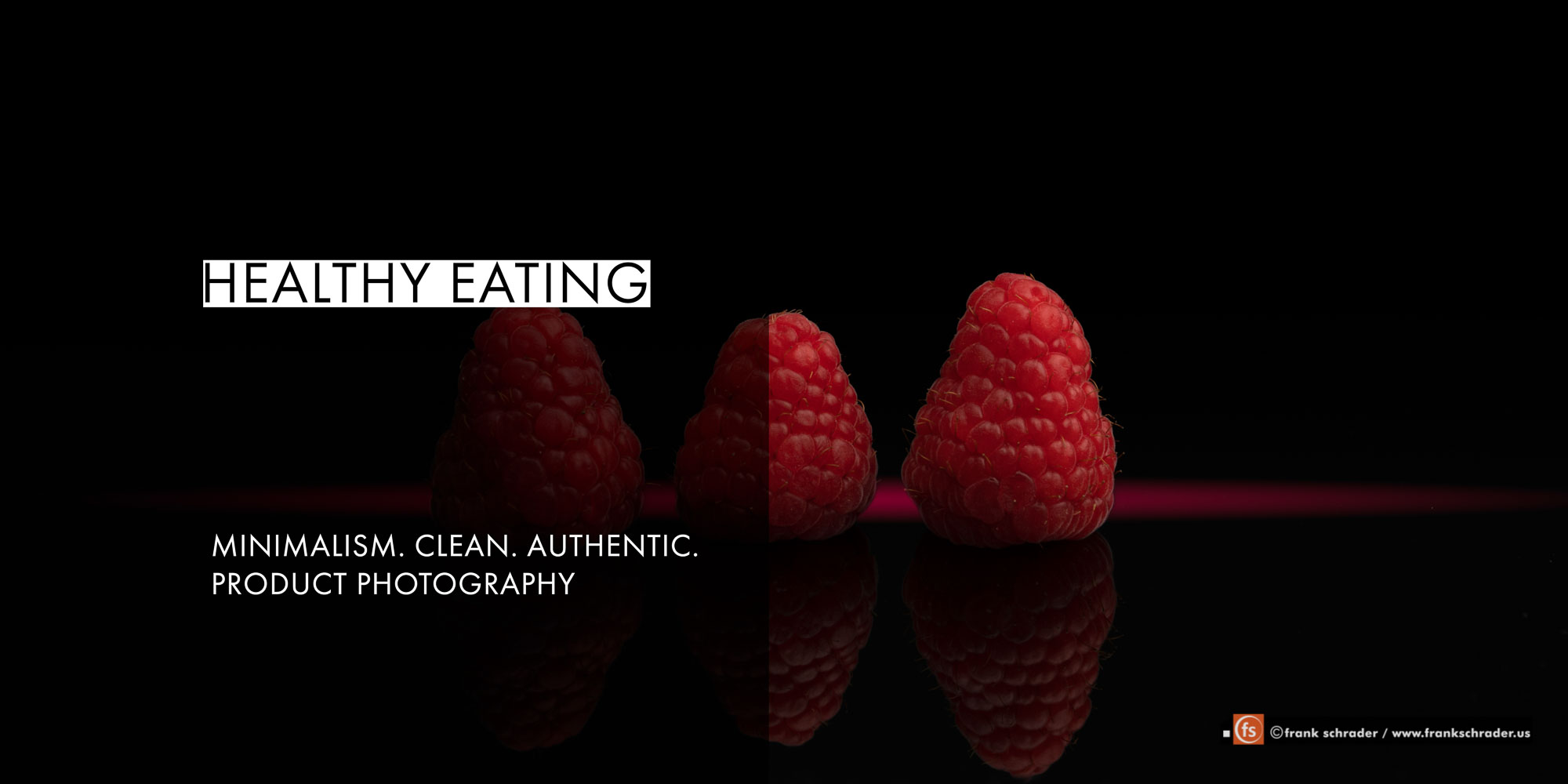 Photo for a Healthy Eating Campaign. Pure black background, reflections, light effect.